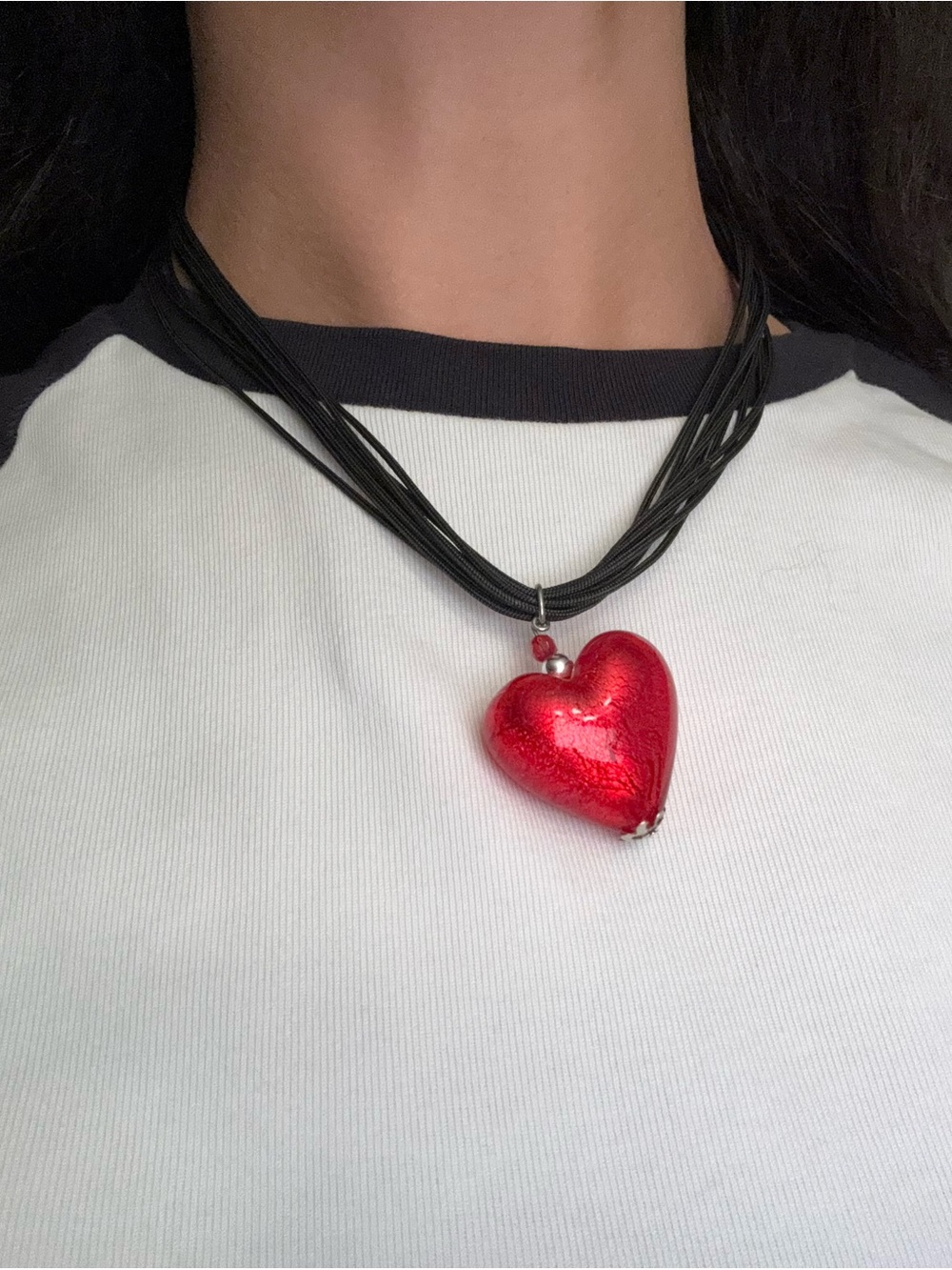 Y2K Red Heart Pendant Necklace on Black Multi-Strand Cord
